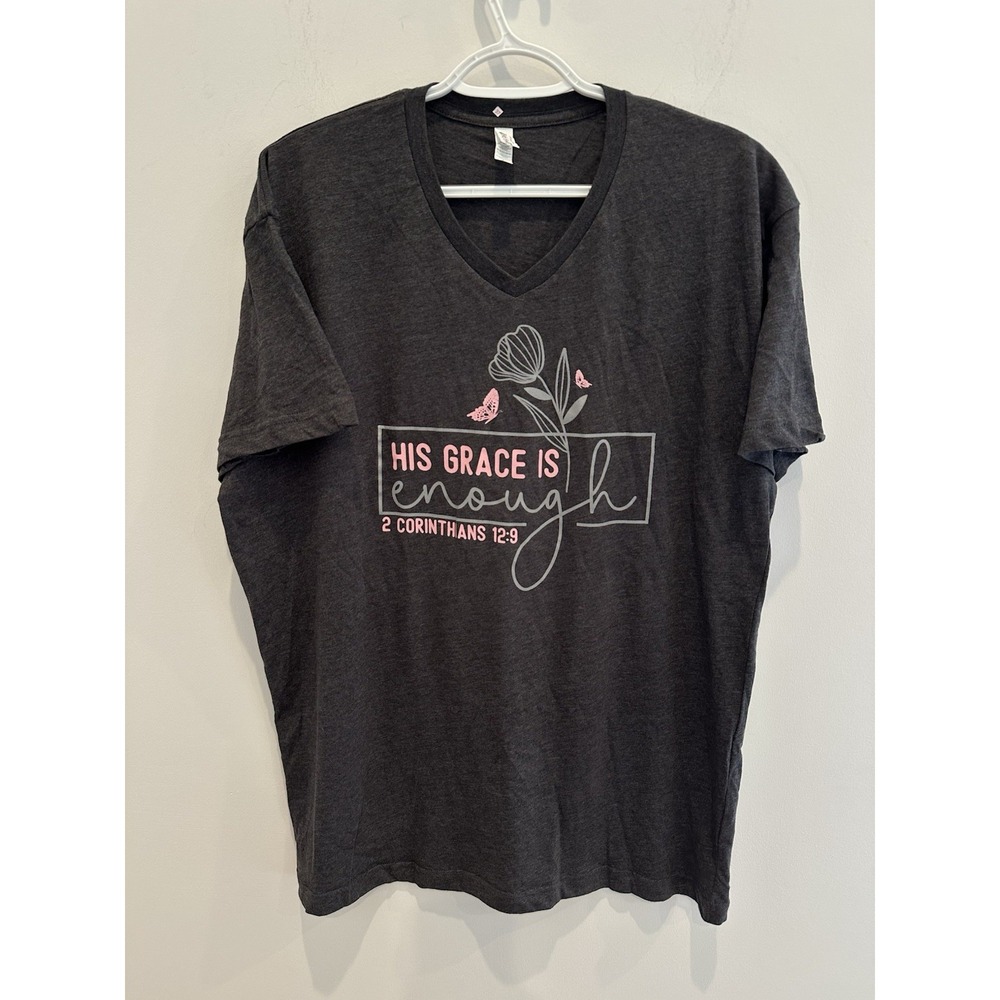 Love & Faith Womens Grey Short Sleeve Tshirt Size L  2 Corinthinians 12:9